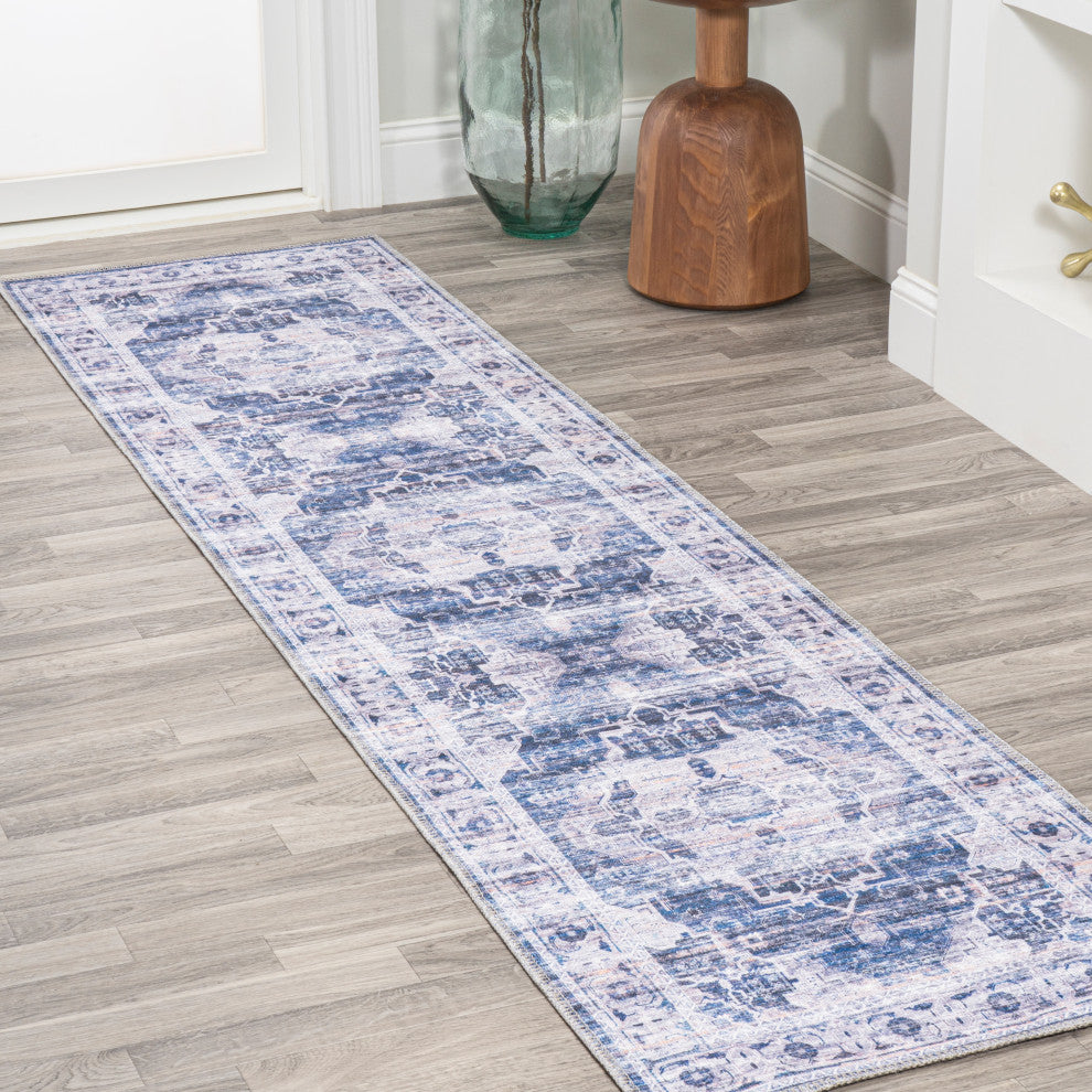 Alanya Ornate Medallion Machine Washable Indoor Area Rug, Navy/Cream, 2 X 8