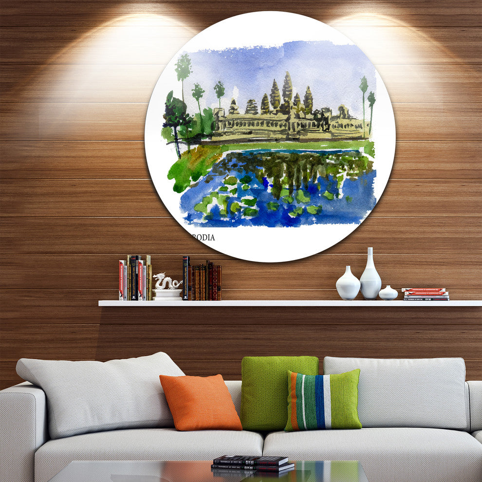 Cambodia Vector Illustration, Cityscape Painting Round Wall Art, 11"
