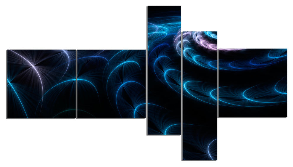 Blue Fractal Flower in Dark, Blue, Floral Artwork Canvas Art, 60"x32", 5 panels