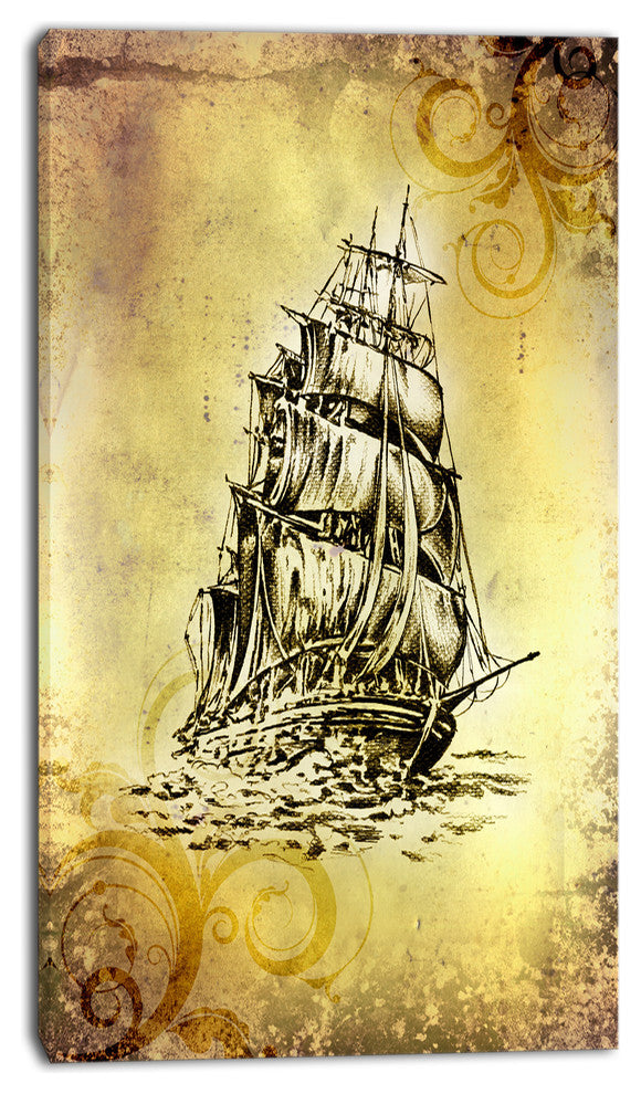 Single Antique Boat Sea Drawing, Seashore Wall Art on Canvas, 20x40