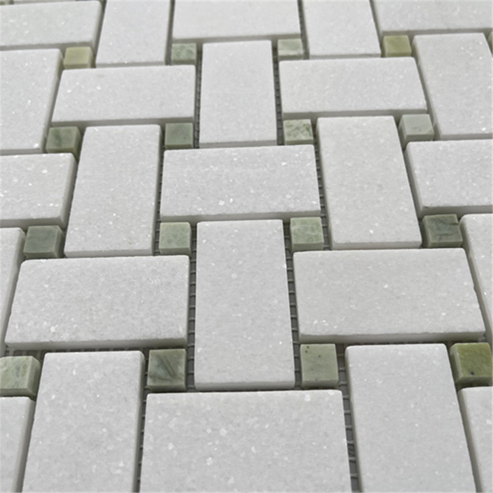 Thassos White Marble 1x2 Basketweave Mosaic Tile Green Dots Honed, 1 sheet