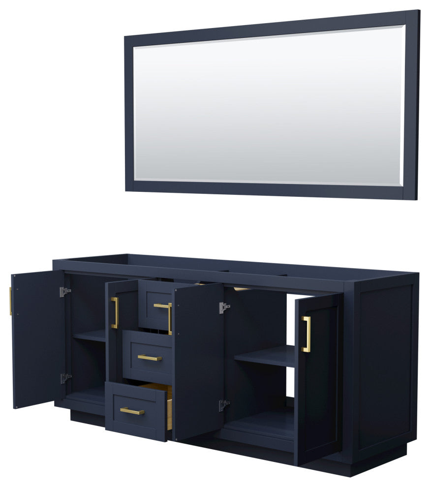 72" Double Bathroom Vanity, Dark Blue, No Countertop, Gold Trim, 70" Mirror