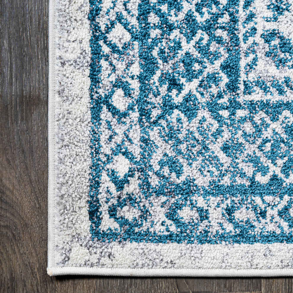 Boho Cottage Medallion Runner Rug, Blue/White, 8'x10'
