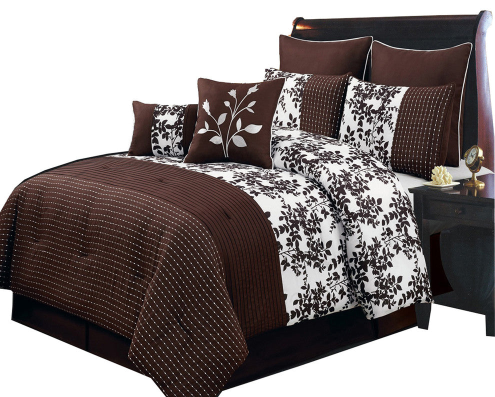 Bliss 100% Polyester 8PC Floral Bedding Set, Coffee, King