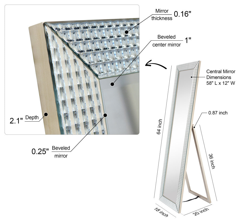 Bling Beveled Cheval Mirror, Full-Length Mirror, Floor Mirror, 64"x18"