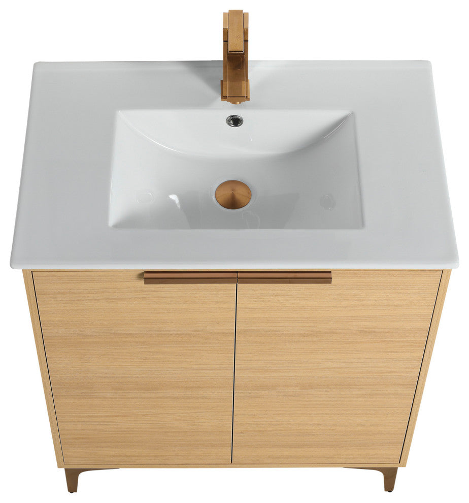 Wilmington Bath Vanity, Natural Oak, 30 Inch, Rose Gold Hardware