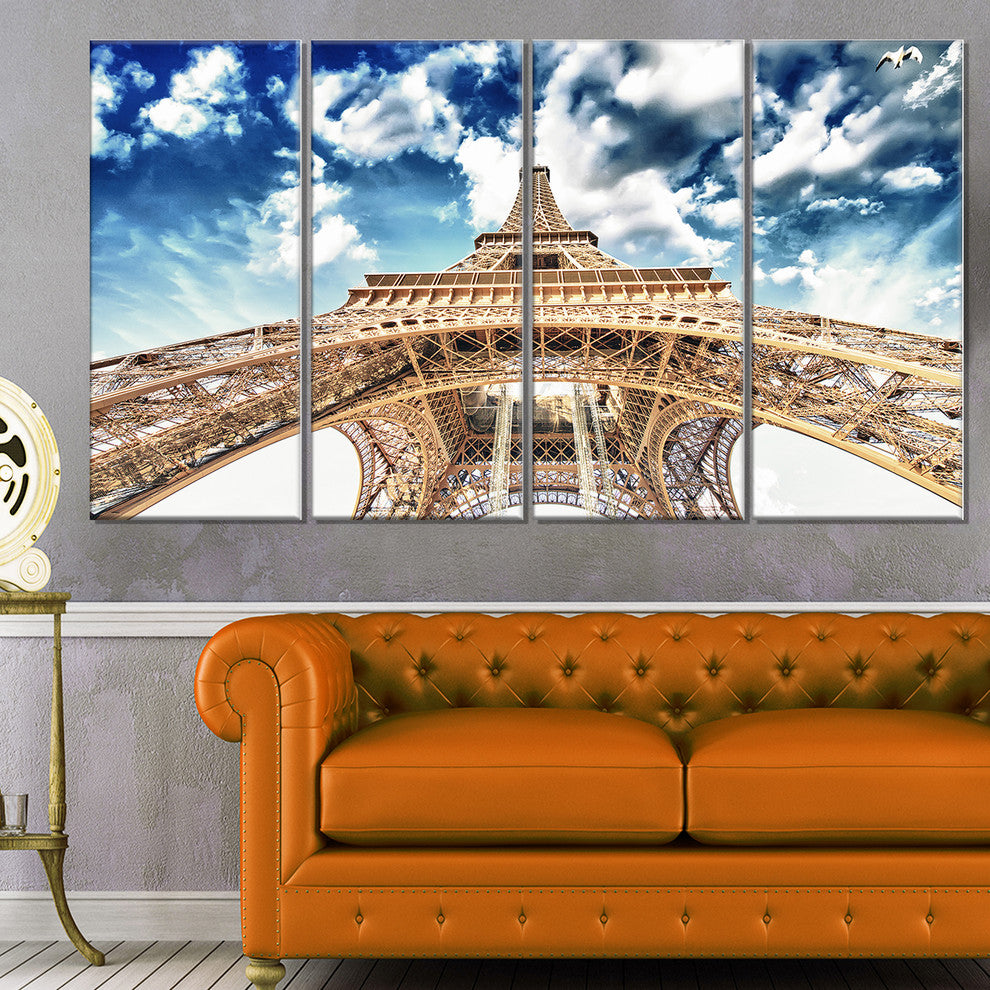 "Beautiful View of Paris Eiffel Tower Under Clouds" Wall Art, 48"x28", 4-Panels