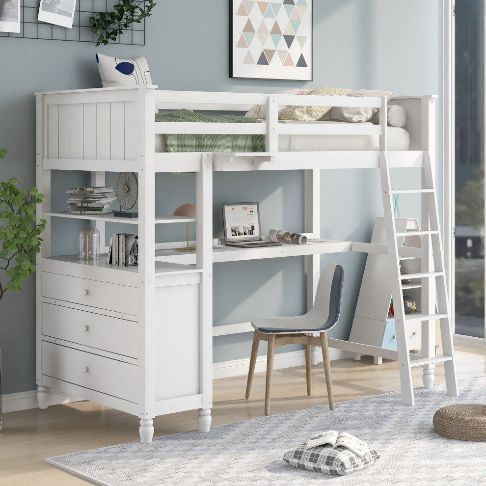Gewnee Twin size Loft Bed with Drawers and Desk, Wooden Loft Bed in White