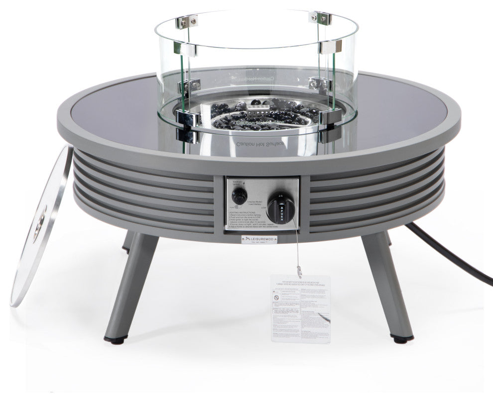 Leisuremod Walbrooke Patio Round Fire Pit Table With Aluminum Slats Frame, Gray