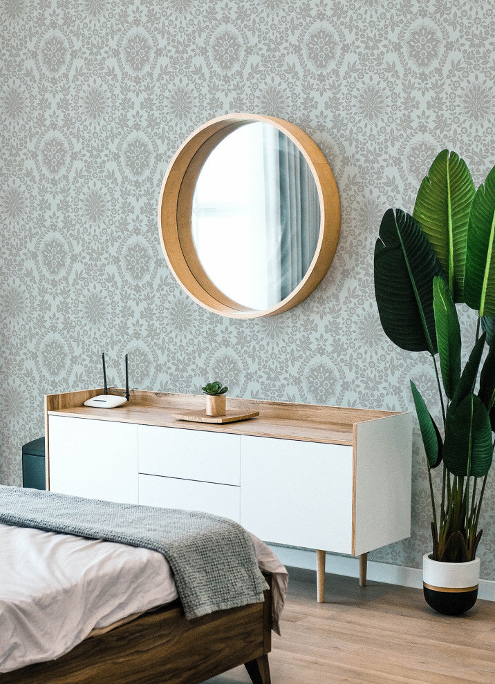 Blue & Silver Boho Baroque Damask Peel & Stick Wallpaper