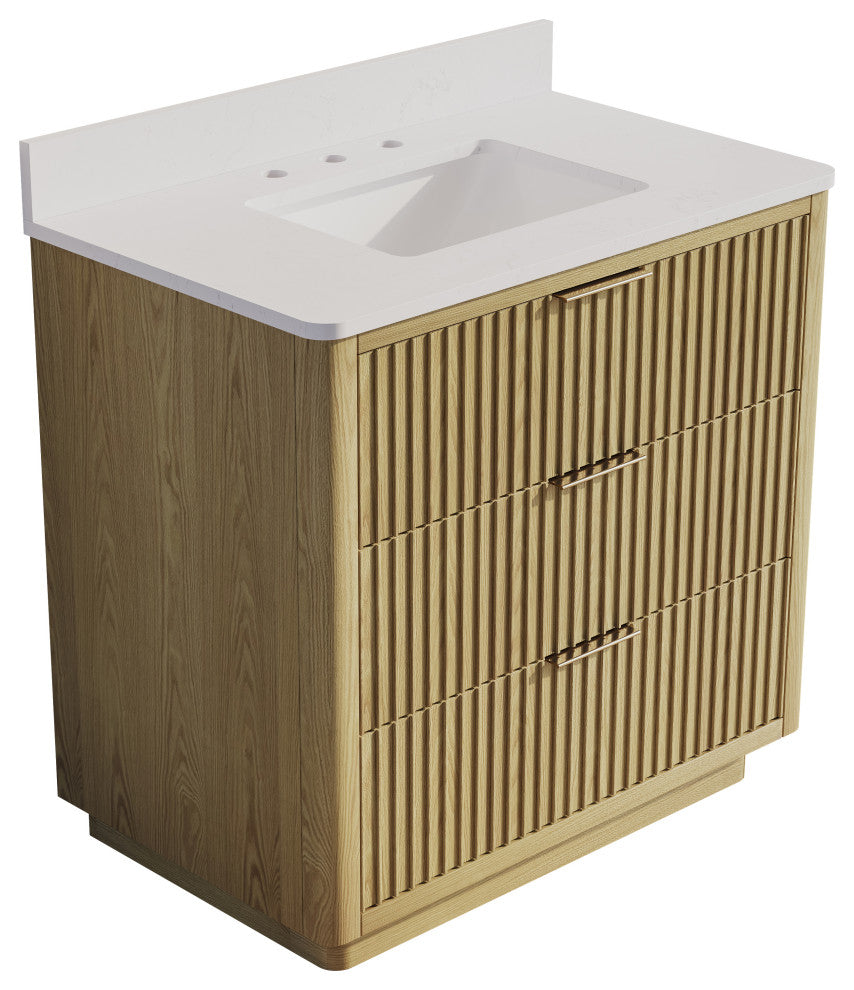Solid Wood Freestanding Bathroom Vanity with White Quartz Top and Backsplash, 36"