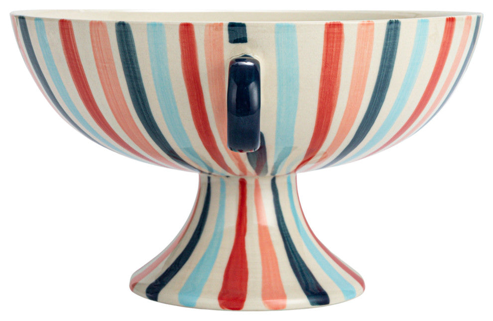 Hand-Painted Stoneware Footed Bowl With Handles and Stripes, Multicolor