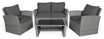 Costway 4PCS Patio Rattan Furniture Set Sofa Table W/Storage Shelf Gray Cushion