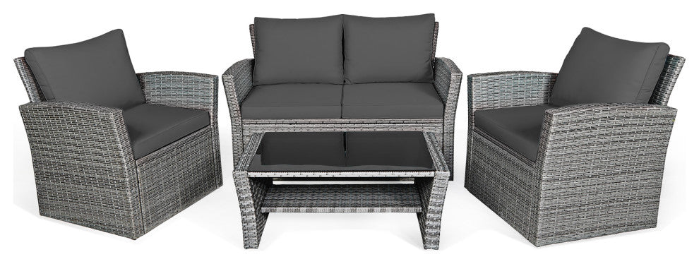 Costway 4PCS Patio Rattan Furniture Set Sofa Table W/Storage Shelf Gray Cushion