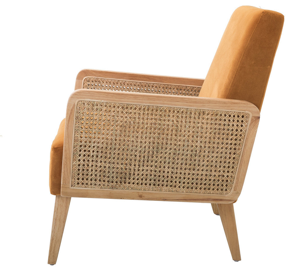 Cane Accent Chair With Rattan Arms Set of 2, Yellow