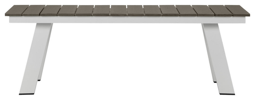 Benzara BM287849 Outdoor Dining Bench, Gray Polyresin Top, White Aluminum Frame