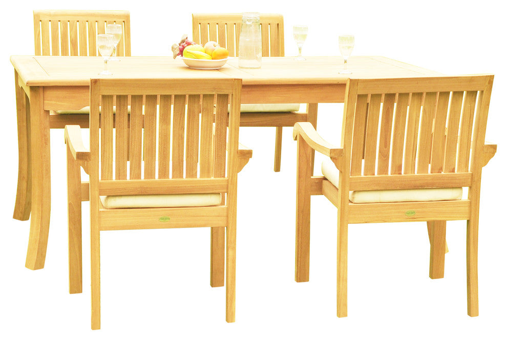 5-Piece Outdoor Patio Teak Dining Set: 60" Rectangle Tbl, 4 Nain Stacking Chairs