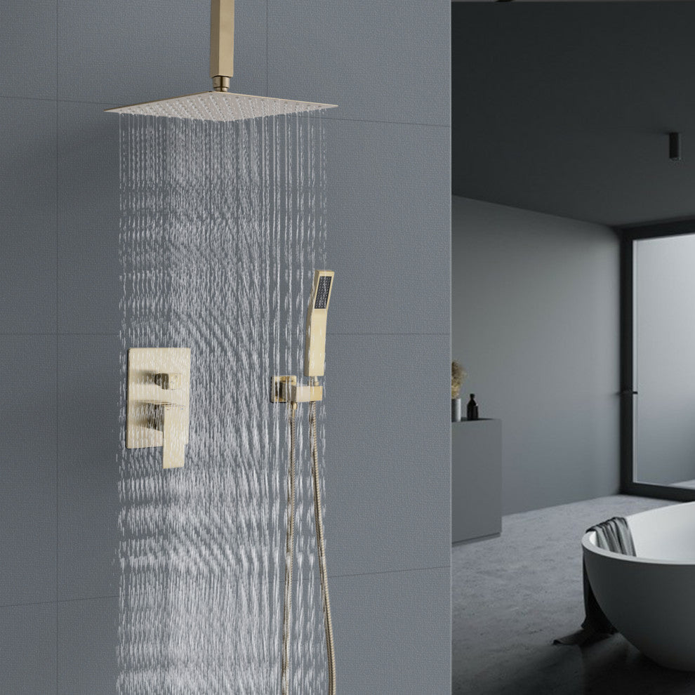 Ceiling Mounted Shower System Set With 10" Rain Shower Head, Brushed Gold