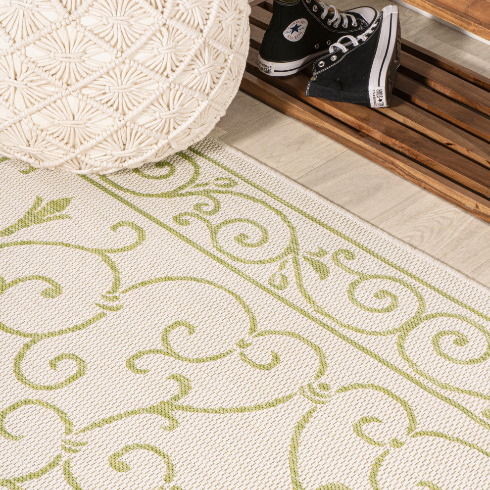 Charleston Filigree Textured Weave Indoor/Outdoor, Cream/Green, 2 X 10