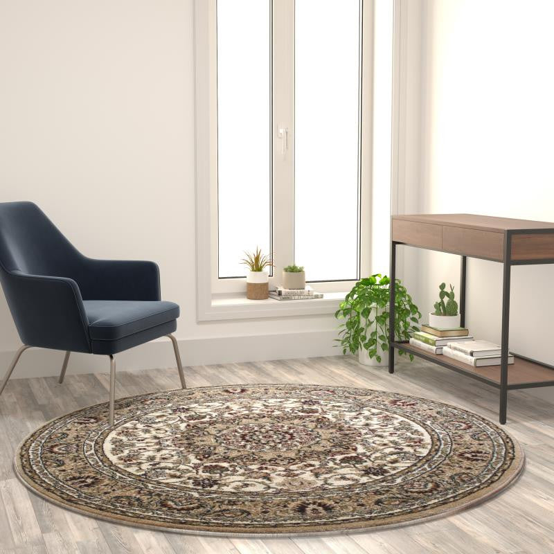 Mersin Collection Persian Style Area Rug - Olefin Rug with Jute Backing, Round Ivory - 5' X 5'