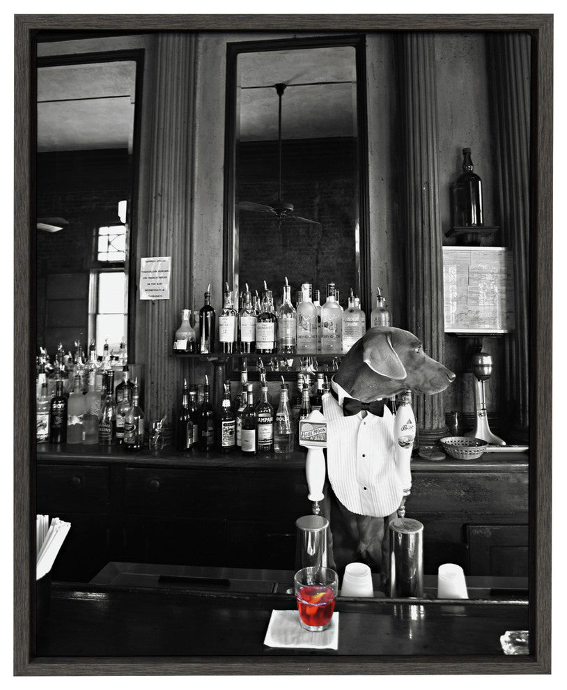 Sylvie Dog Bartender Framed Canvas Wall Art, Gray 18x24