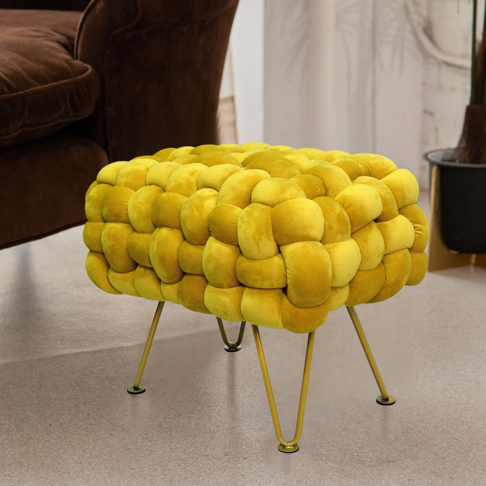 Velvet Pouf Stool Ottoman, Lemon Curry, 27''x20''x20''