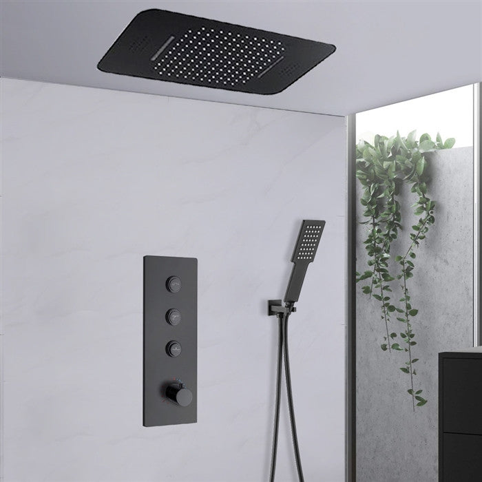 LED Musical 20"x14" Rainfall Shower System, Square Handheld Shower, Matte Black
