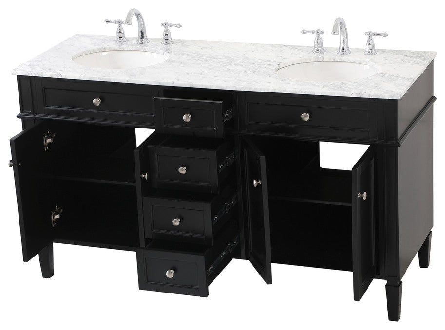 Home Living Vanity with Carrara White Marble Countertop, Black, 60", Double Sink