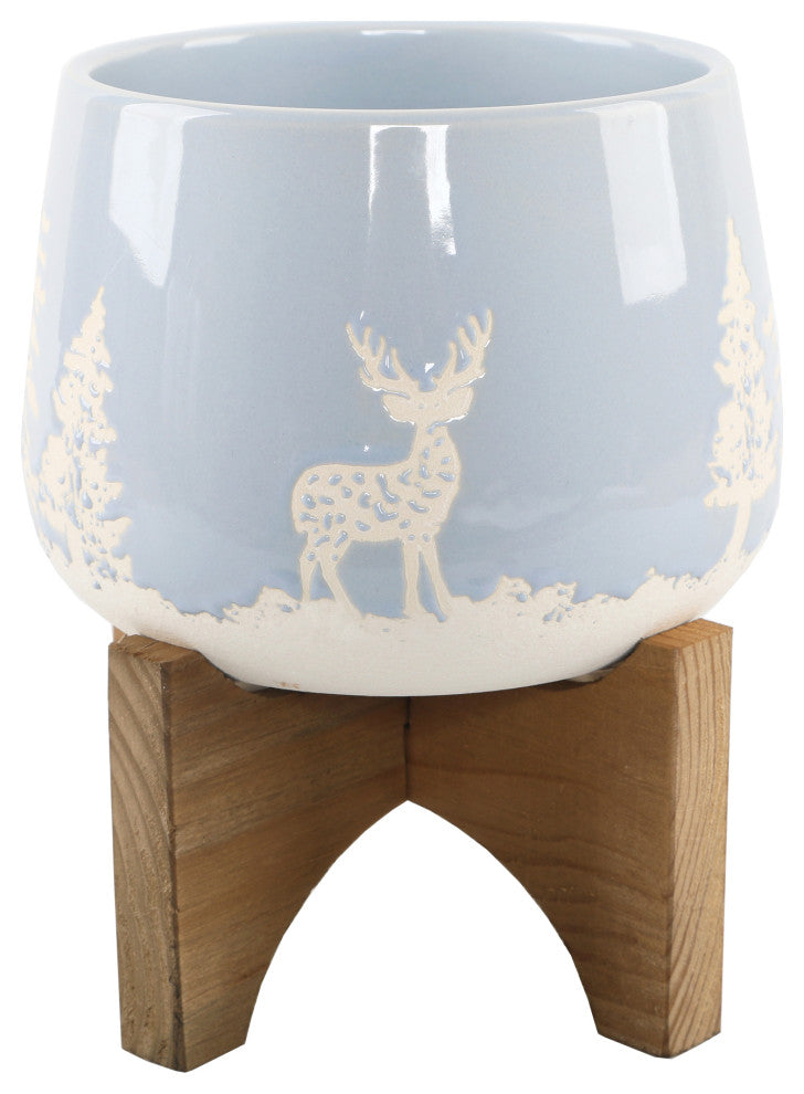6.75 Inch Ceramic Xmas Planter On Wood Stand, Light Blue