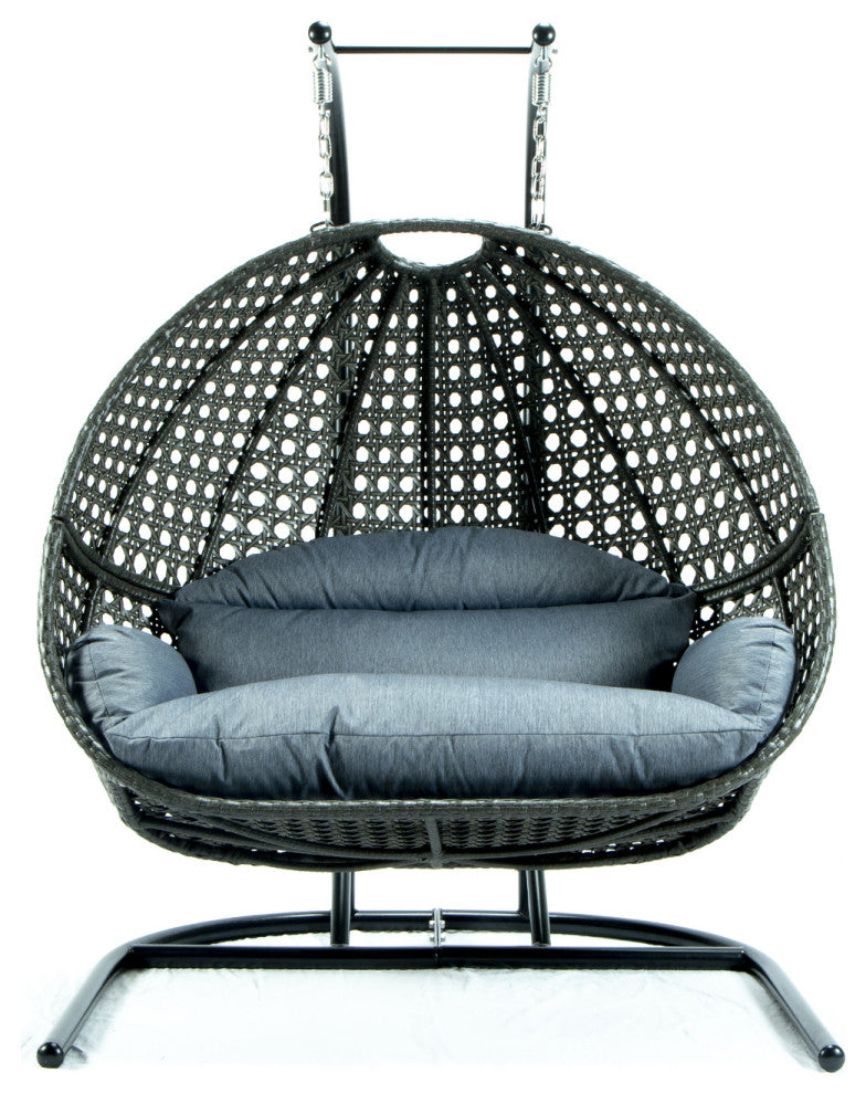 LeisureMod Wicker Hanging Double Egg Swing Chair, Charcoal Blue