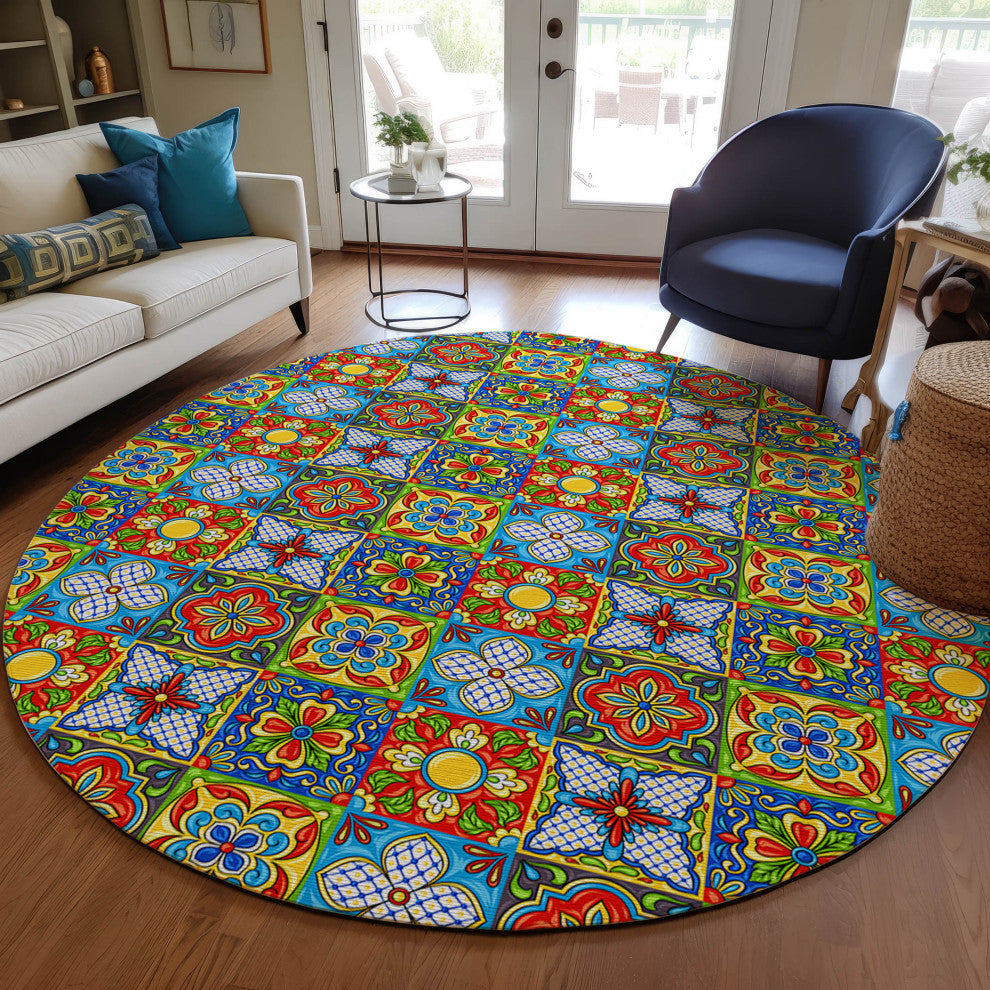 Indoor/Outdoor Kendall KE20 Multi Machine Washable 8' x 8' Round Rug