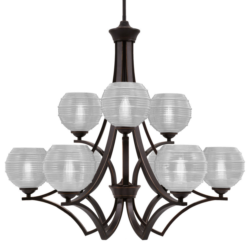 Zilo, 9 Light, Chandelier, Dark Granite Finish With 6" Clear Ribbed Glass
