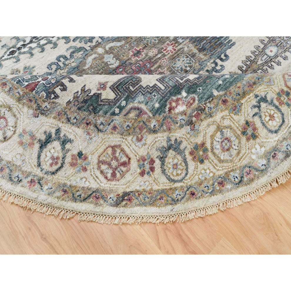 Alabaster Ivory Wool Reimagined Viss Design Hand Knotted Round Rug, 8'x8'