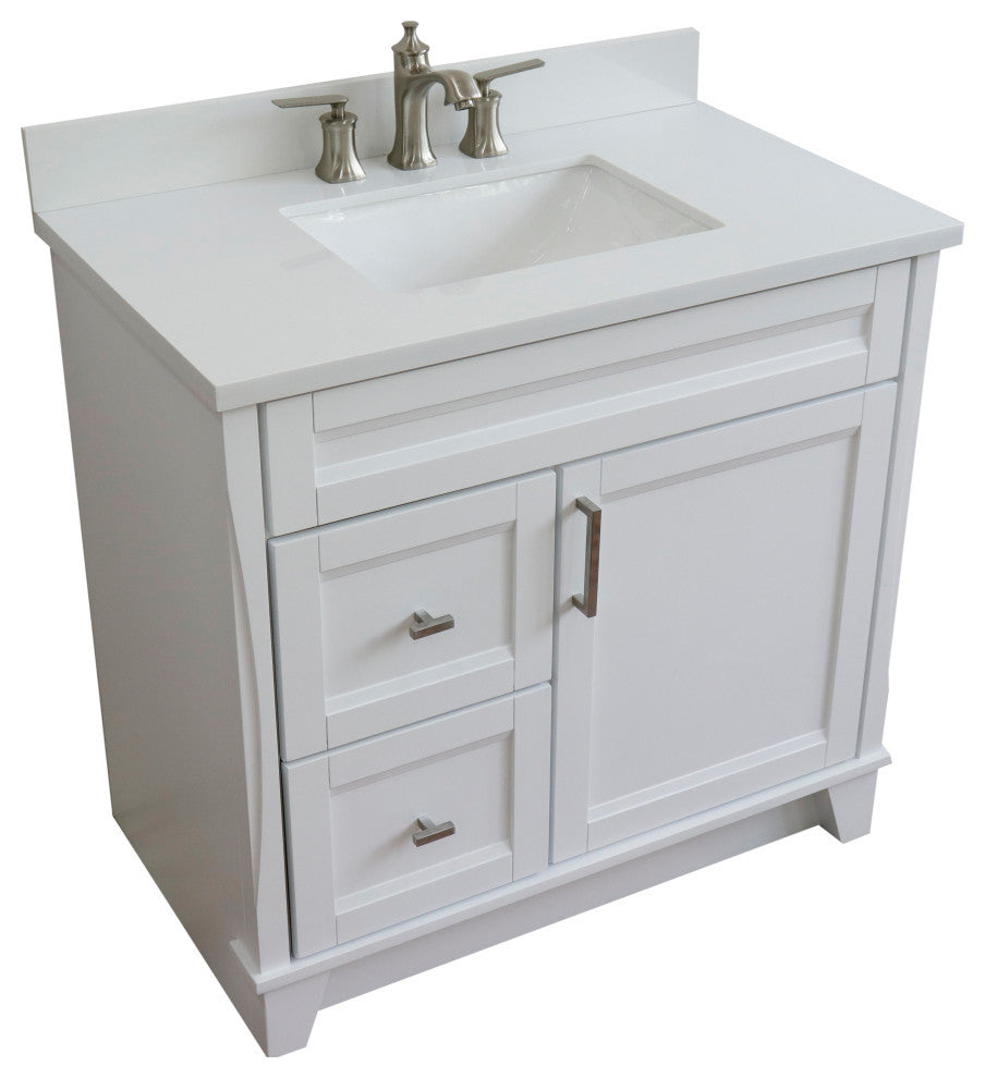 37" Single Sink Vanity, White Finish With White Engineered Stone Top