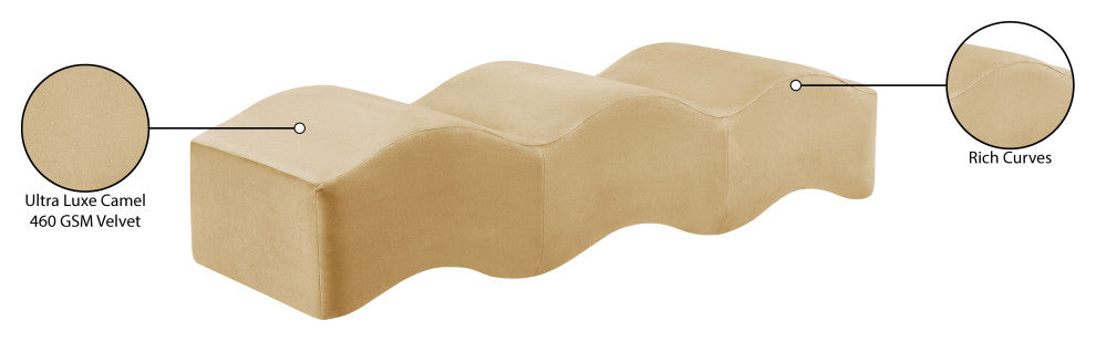 Wave Upholstered Bench, Camel, Velvet