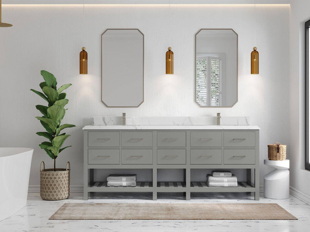 Parker 84 Double Sink Bath Vanity in Elephant Skin Gray 1.5" Calacatta Laza