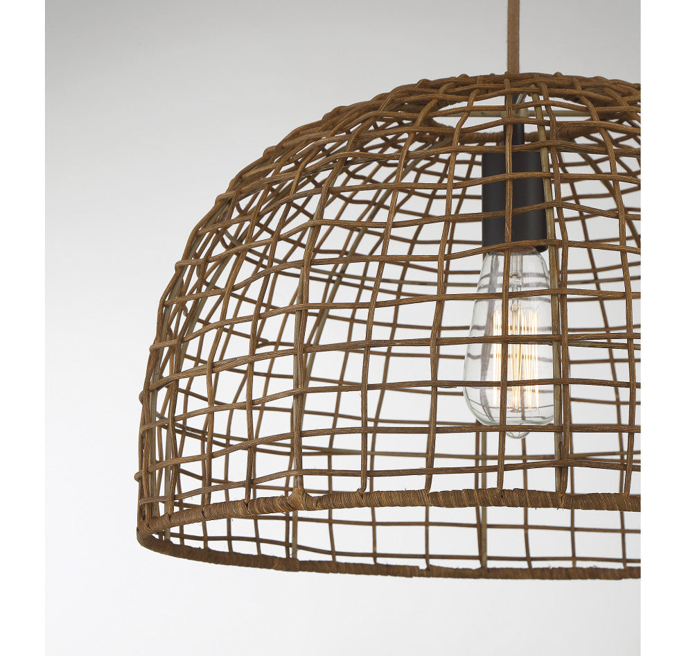 1-Light Pendant, Black With Natural Brass Accents, Dark Rattan