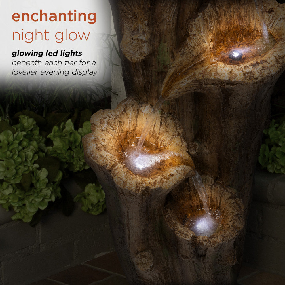 3-Tier Cascading Tree Bark Fountain with LED Lights