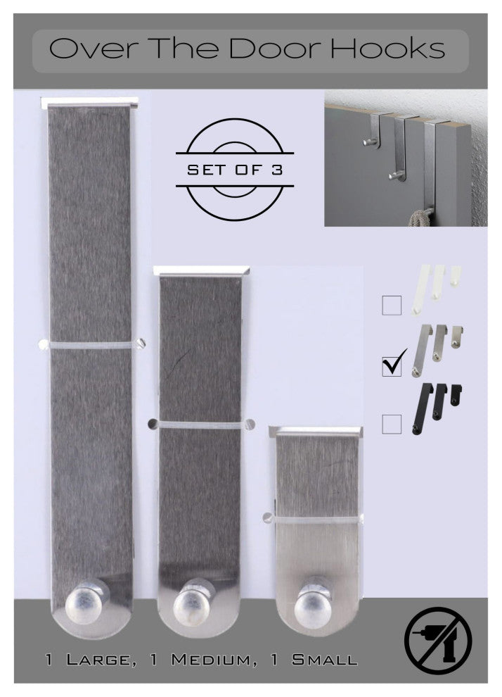 Over The Door Hooks - 3-Piece Door Hanger Set for Clothing and Accessories, Silver