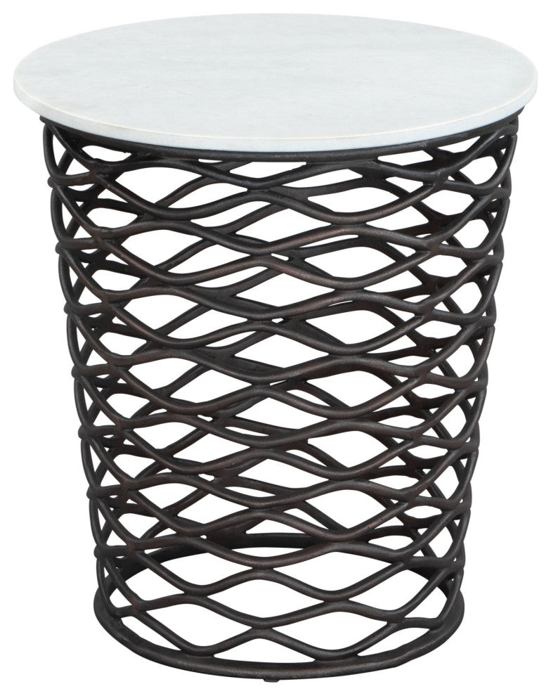 Sofa Side Table, Round, Artificial Marble, Aluminum Metal, White, Antique Black