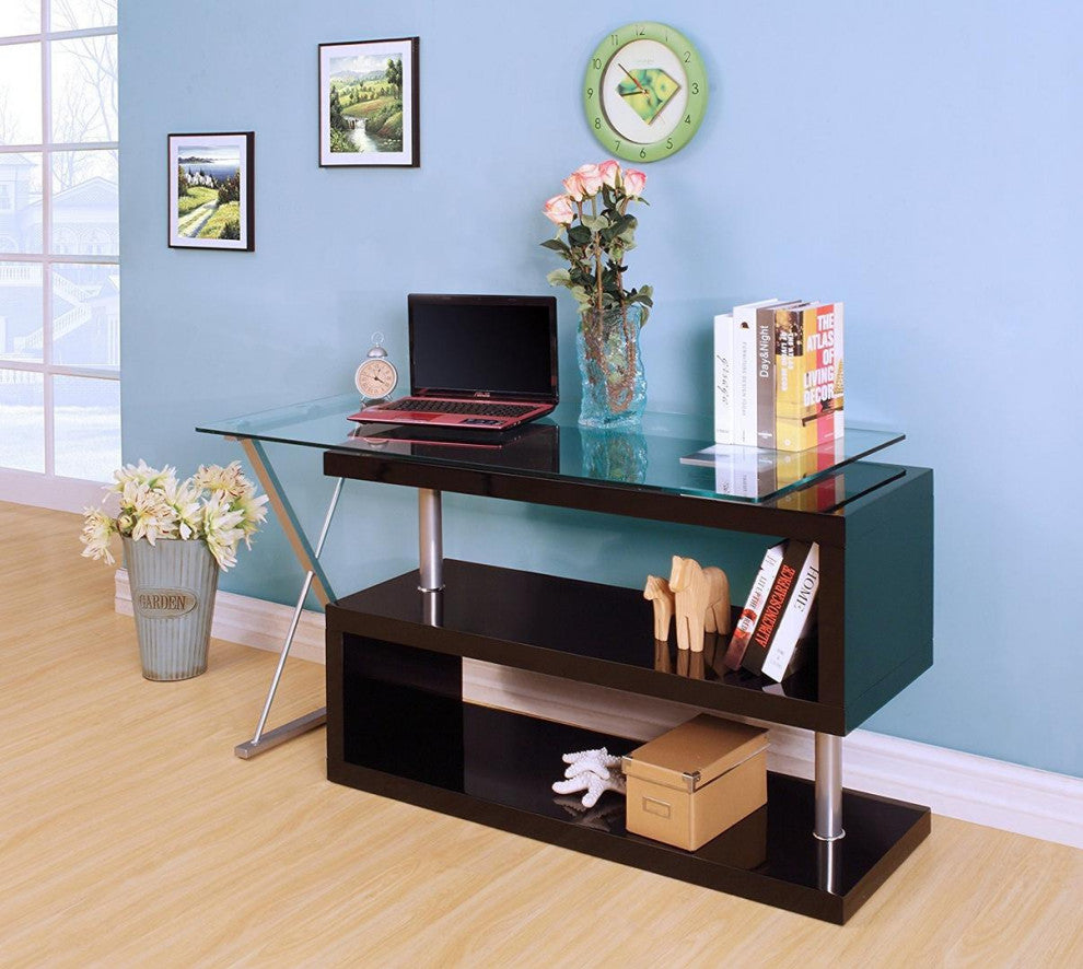 HomeRoots 55" X 47" X 30" Black High Gloss and Clear Glass Office Desk