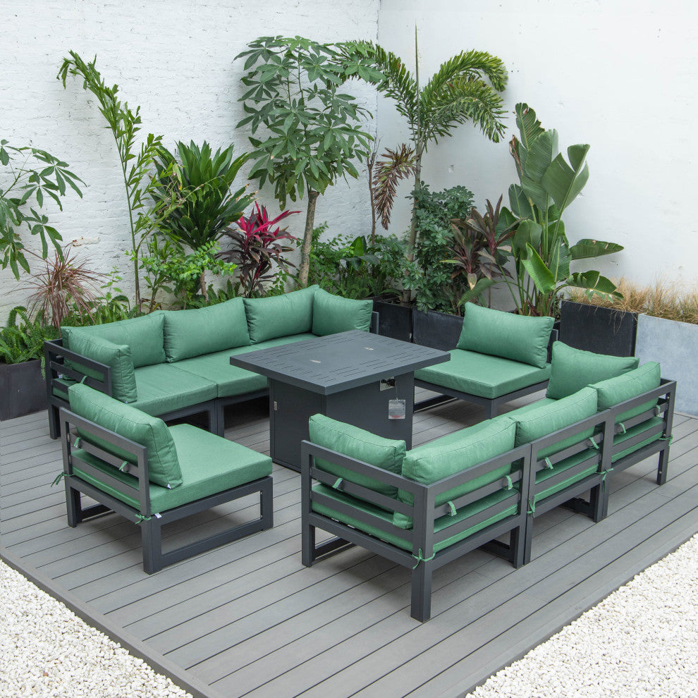 LeisureMod Chelsea 9-Piece Patio Sectional With Fire Pit Table, Green