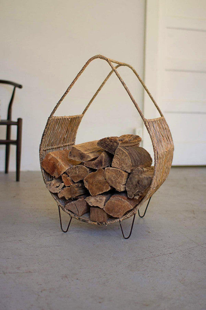 Woven Rush and Metal Firewood Rack with Tall Handle