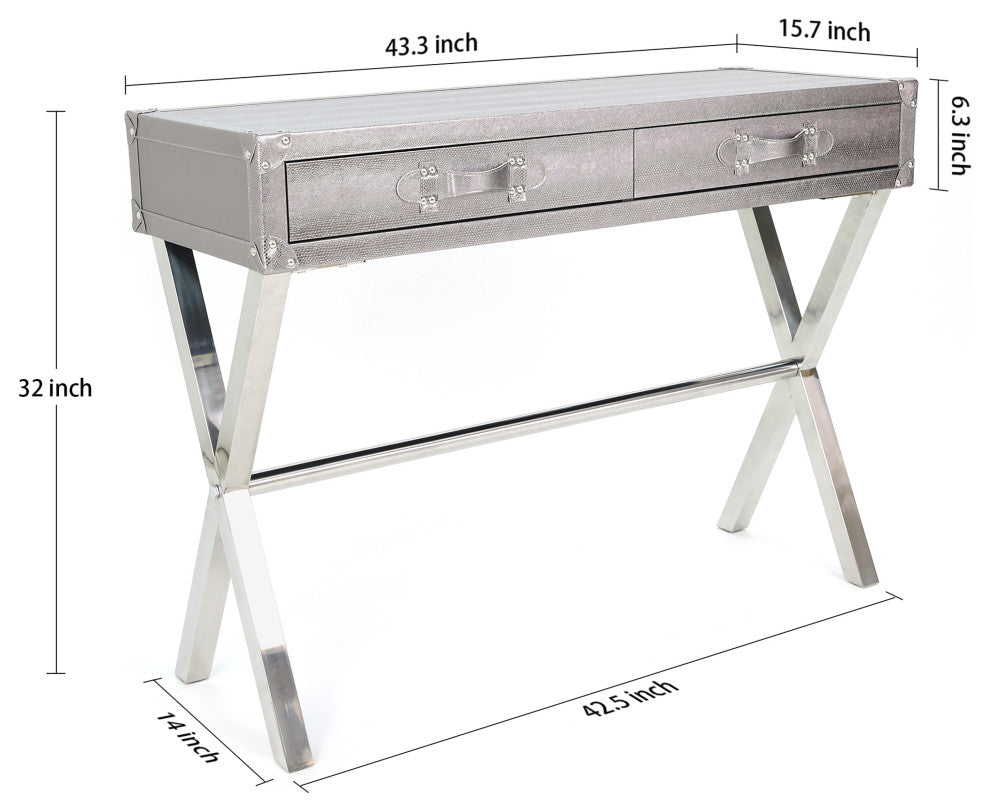 Silver Lizard Leather Console Table With Stainless Steel Legs