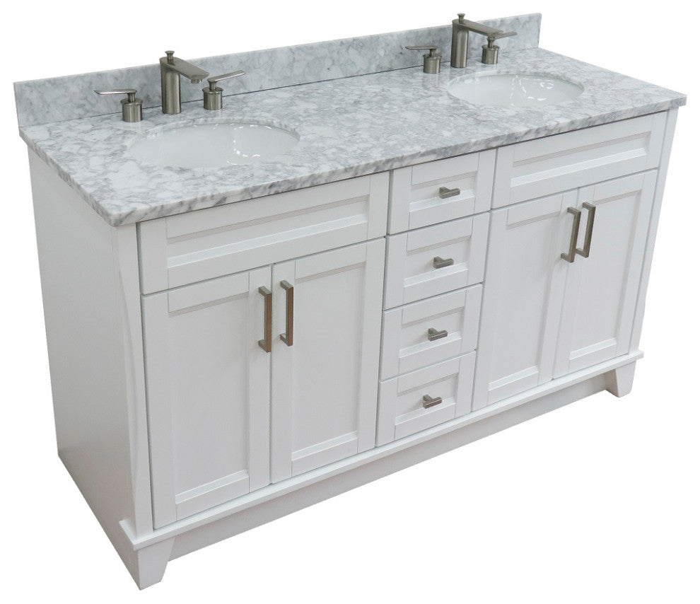 61" Double Sink Vanity, White Finish And White Carrara Marble And Oval Sink