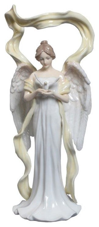 Angel Facing Front Holding Dove, Blue Dress, Angels, Fine Porcelain Sculpture