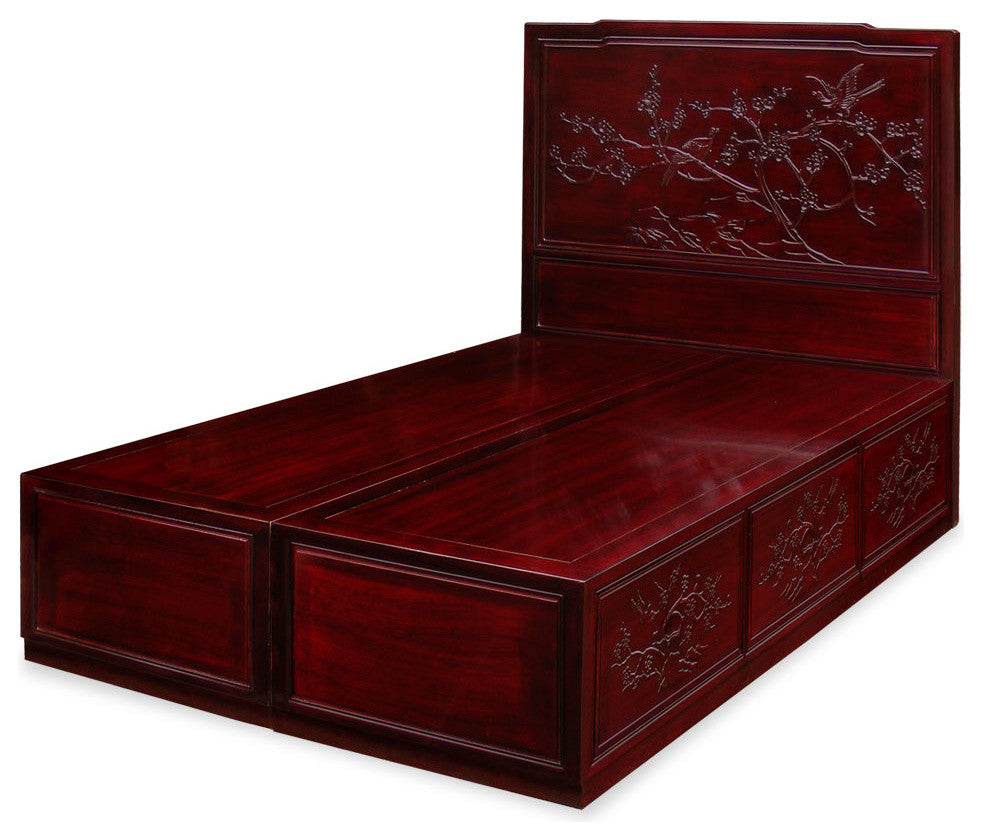 Dark Cherry Rosewood Flower  Bird Queen Size Oriental Platform Bed with Drawers