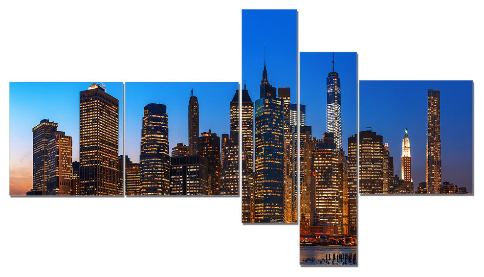 Night New York City Panorama, Extra Large Canvas Art Print, 60"x32", 5 panels