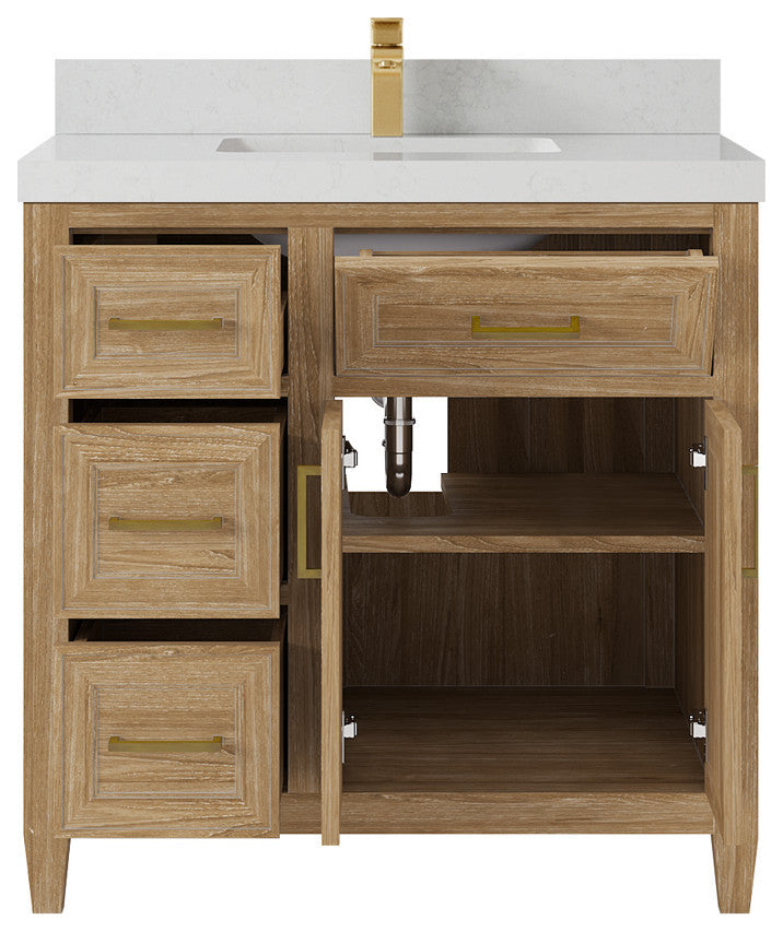 Santa Monica 36 Center Sink Bath Vanity in Whitewashed Teak 2" Carrara Quartz