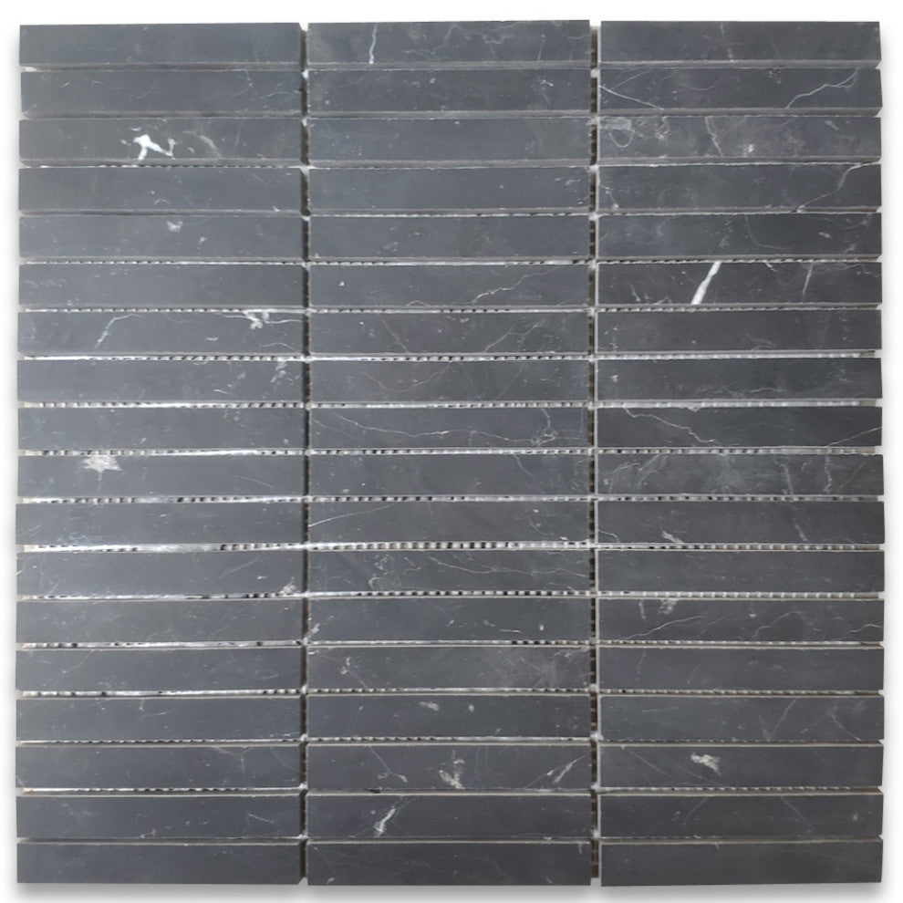 Nero Marquina Black Marble 5/8x4 Rectangular Stacked Mosaic Tile Honed, 1 sheet